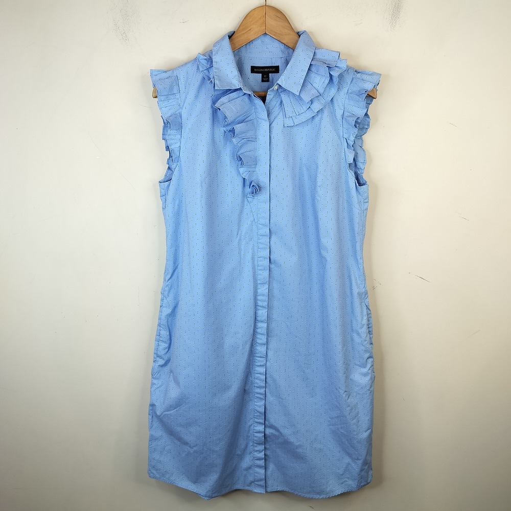 Banana Republic Shirt Dress w Pockets 12 Ruffled Sleeveless Blue Geo Dot Cotton